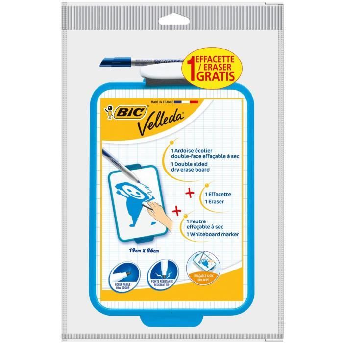 BIC® - Surface effaçable à sec Velleda® - 19x26cm + 1 feutres effaçable à sec Velleda® 1721 fin (encre bleue) + 1 effaçette clipés