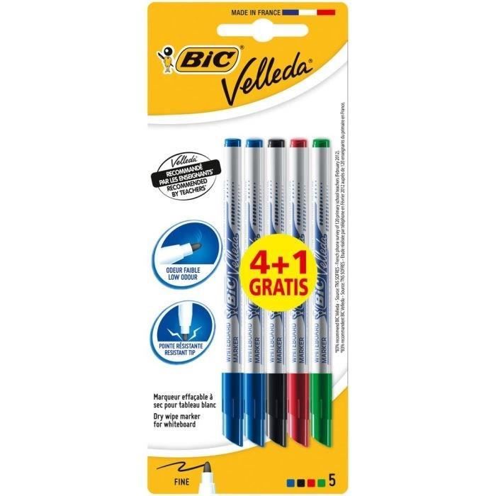 Feutres effaçables à sec Velleda 1721 - BIC - Lot de 5 - Pointe ogive bloquée