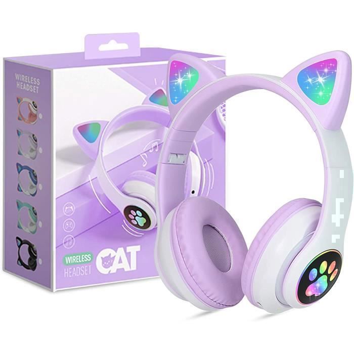 Casque pour enfants - Avec LED - Pliable - Bluetooth - Violet - Micro intégré