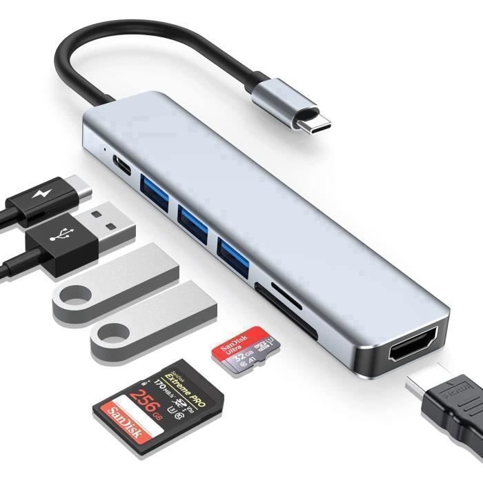 Hub USB C - Multiport 7-en-1 - HDMI - Port PD 87W - USB 3.0 - SD/TF