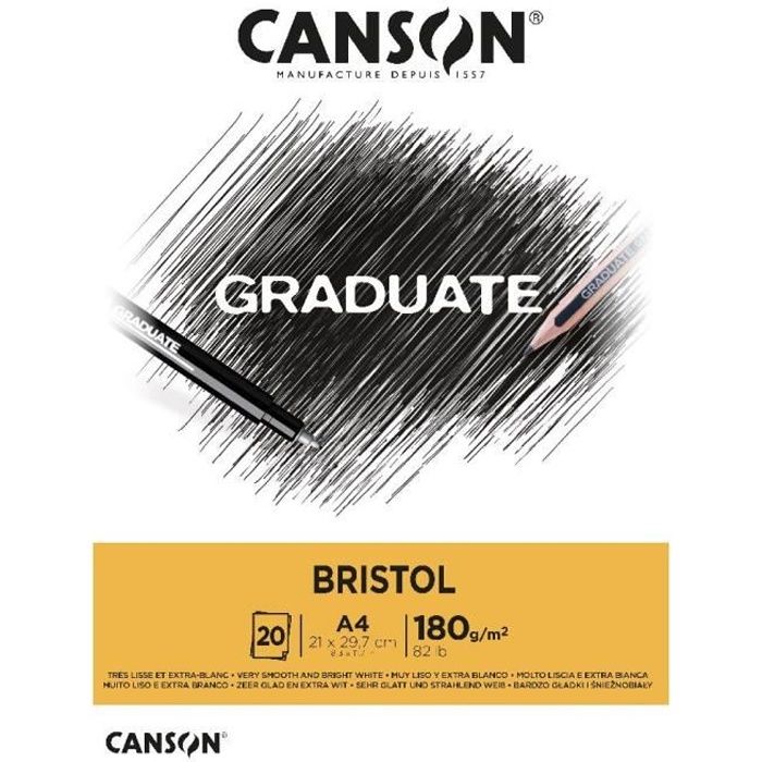 Bloc de papier - CANSON - Graduate Bristol - 20 feuilles A4 - 180 g/m² - Extra-blanc et lisse