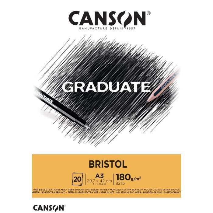Bloc de papier - CANSON - Graduate Bristol - 20 feuilles - A3 - 180 g/m² - Extra-blanc