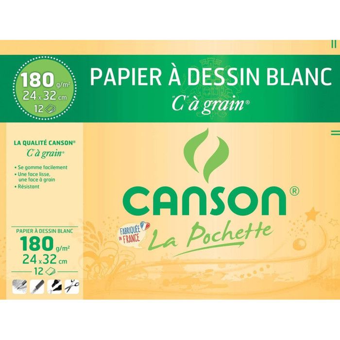 Papier dessin - CANSON - C à grain - 24 x 32 cm - 180g - 12 feuilles - Blanc