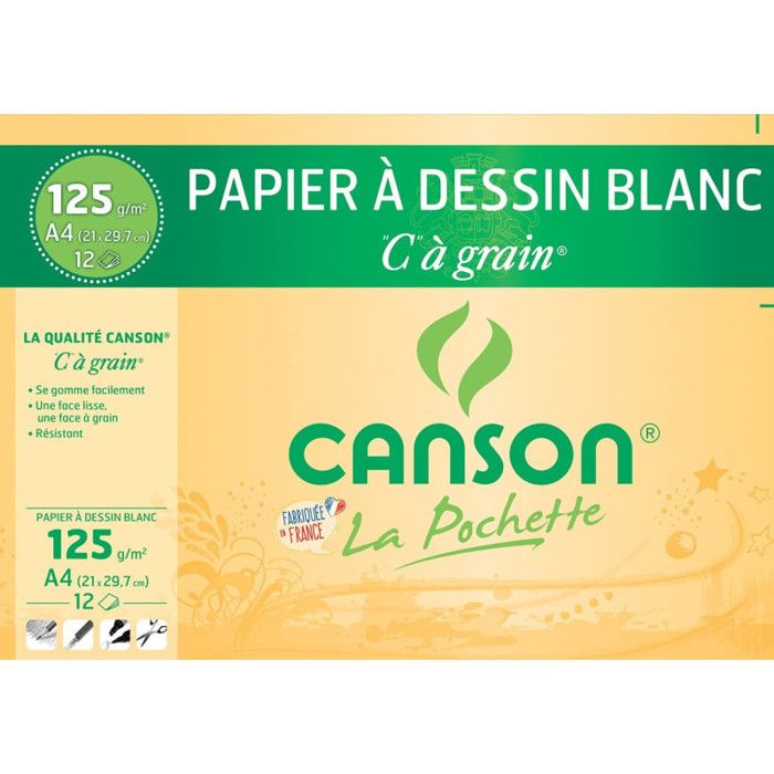 Papier à dessin - Canson - Pochette 21 x 29,7 cm - 12 feuilles - 125 gr - Blanc