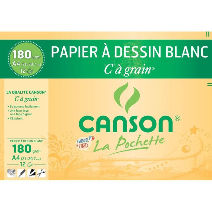 Papier dessin - CANSON - C à grain - 21 x 29,7 cm - 180g - 12 feuilles - Blanc