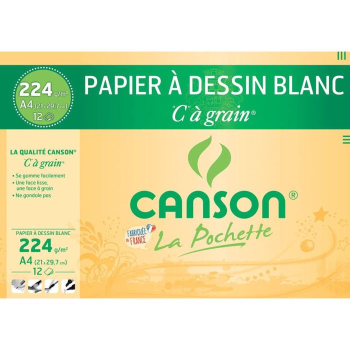 Papier - Canson - Pochette 21 x 29,7 cm - 12 feuilles - 224 gr - Blanc