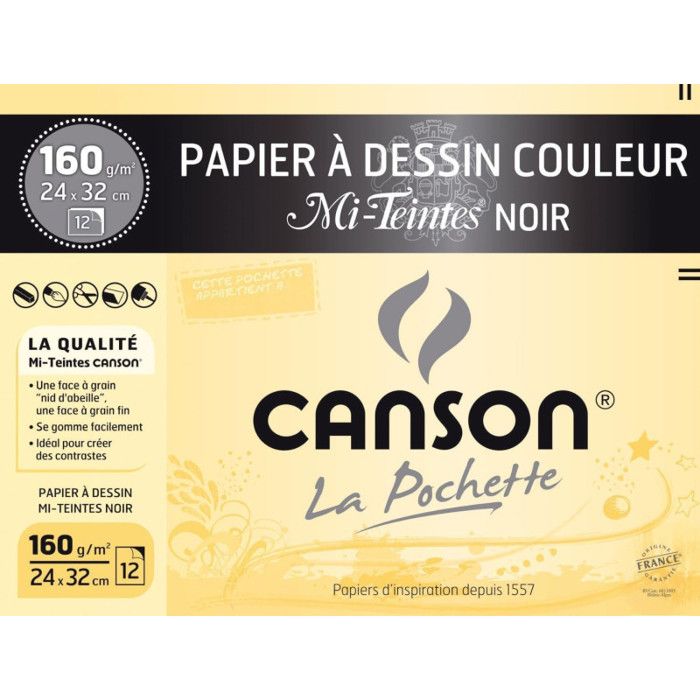 Pochette papier dessin Mi-Teinte - CANSON - 24 x 32 cm - 160g - 12 feuilles - Noir