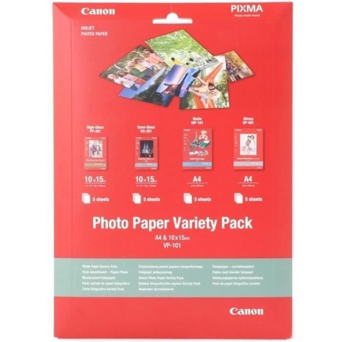 CANON Pack VP-101 Papier Photo PP-201 II 10 x 15cm x5 + SG-201 10 x 15cm x 5 + MP-101 A4 x 5 et GP-501 A4 x 5