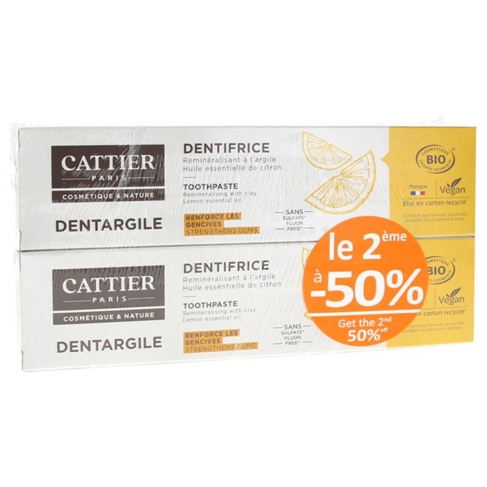 Dentifrice - Cattier - Dentargile Citron - Vegan - 2x75ml - Reminéralisant