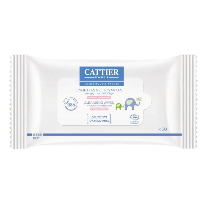 CATTIER Lot de 50 lingettes bébé sans parfum - Visage, mains, siège
