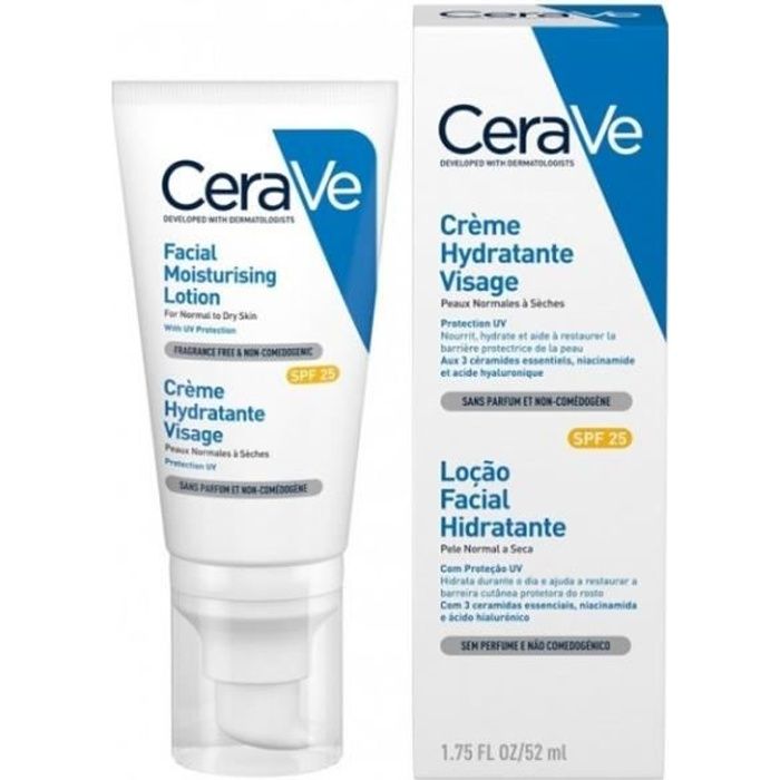 Crème Hydratante Visage - CeraVe - SPF 25 - 52ml - Peaux Normales à Sèches - Sans Parfum