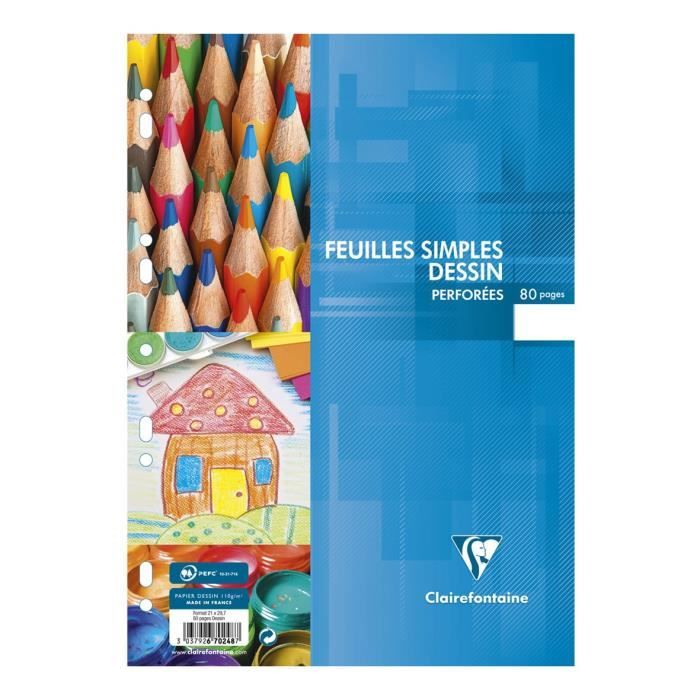CLAIREFONTAINE - Feuilles simples dessin - Perforées - 21 x 29,7 - 80 pages - Papier P.E.F.C Uni 110G