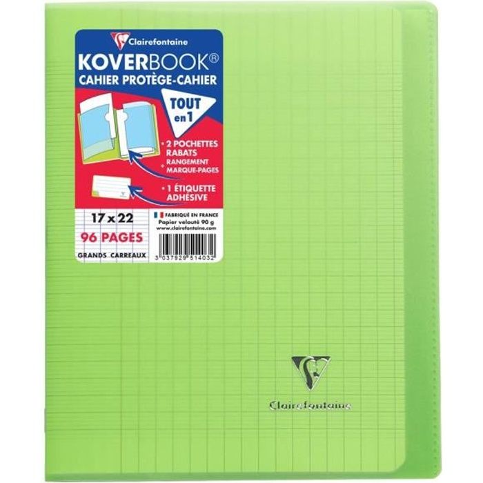 CLAIREFONTAINE - Cahier piqûre avec rabats KOVERBOOK - 17 x 22 - 96 pages Seyès - Couverture polyproplylène translucide - Verte