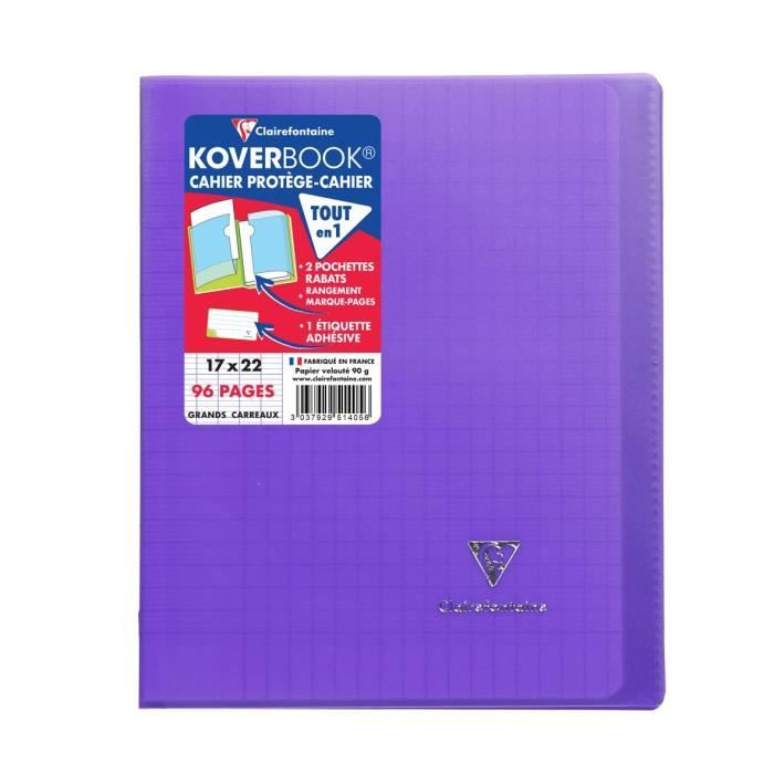 CLAIREFONTAINE - Cahier piqûre KOVERBOOK - 17 x 22 - 96 pages Seyès - Couverture Polypro translucide - Couleur violette