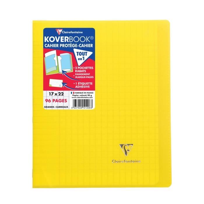 CLAIREFONTAINE - Cahier piqûre KOVERBOOK - 17 x 22 - 96 pages Seyès - Couverture Polypro translucide - Couleur jaune
