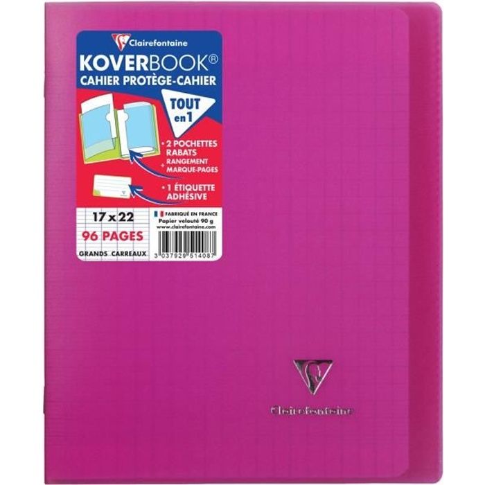 CLAIREFONTAINE - Cahier piqûre KOVERBOOK - 17 x 22 - 96 pages Seyès - Couverture Polypro translucide - Couleur rose