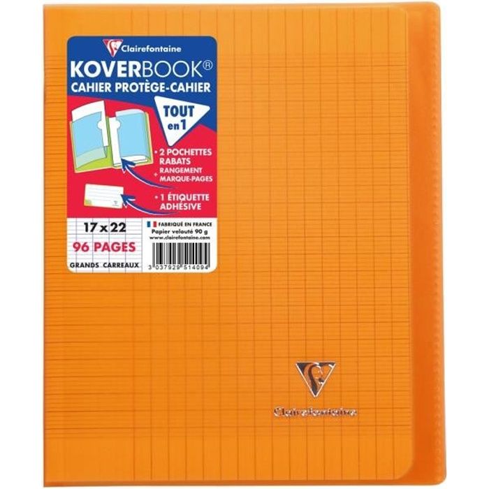 CLAIREFONTAINE - Cahier piqûre KOVERBOOK - 17 x 22 - 96 pages Seyès - Couverture Polypro translucide - Couleur orange