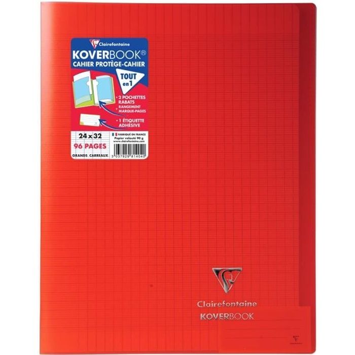CLAIREFONTAINE - Cahier piqûre KOVERBOOK - 24 x 32 - 96 pages Seyès - Couverture Polypro translucide - Rouge