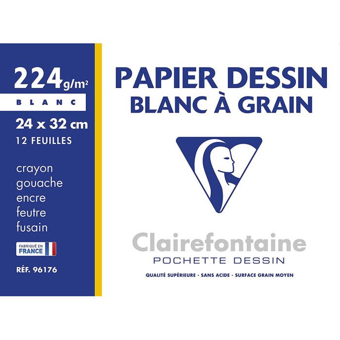 Pochette dessin - CLAIREFONTAINE - 24 x 32 cm - 12 feuilles - Papier à grain - 224G - Blanc