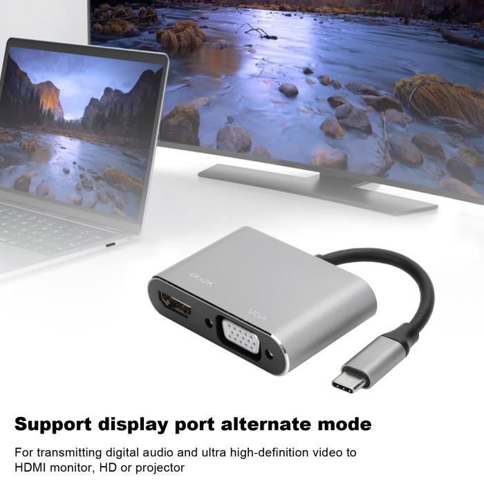 Hub 4-en-1 USB-C avec Type C, USB 3.1,type C vers 4K HDMI + 1080P VGA Adaptateur avec Port de Charge PD(Gris ) RAI