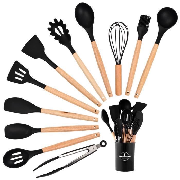 Set Ustensiles de Cuisine - Noir - 12PCS - Silicone - Bois - Résistant à la chaleur