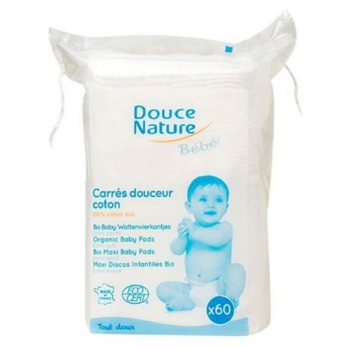 Carrés de coton bio - Douce Nature - Maxi Carrés Douceur - 60 unités - Écologique - Doux pour bébé