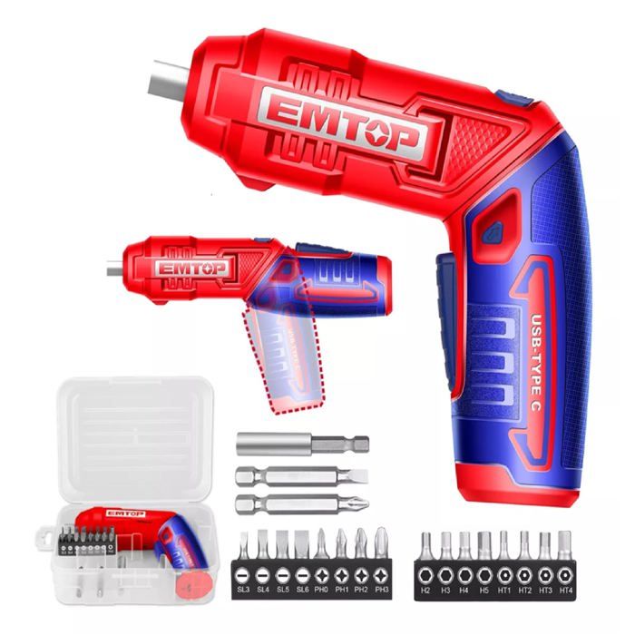 Visseuse et tournevis électrique sans fil EMTOP 4V rechargeable USB type-C 4Nm 19 accessoires + boîte en plastique+
