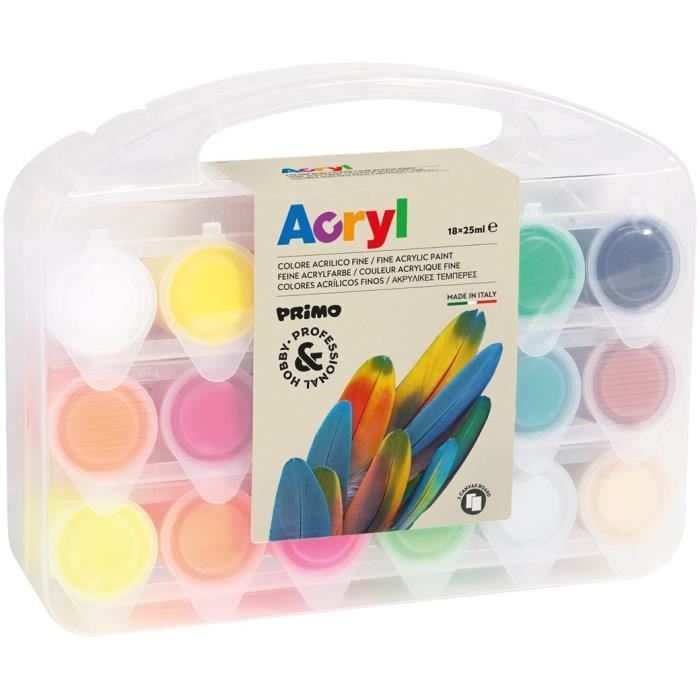 PRIMO 416TB18ASP Set de peinture acrylique fine en pot de 25 ml. Mallette multifonction contenant 12 couleurs normals, 4 fluo, or,