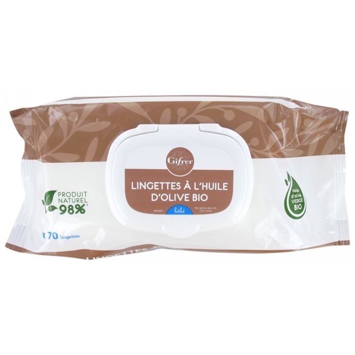 Lingettes Nettoyantes - Gifrer - Huile d'Olive - 70 unités - Hypoallergéniques - Peau délicate