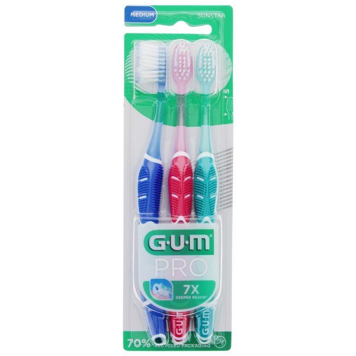 Brosses à Dents-GUM Pro Brosse à Dents Medium 3 Brosses (Couleur : Bleu - Rose - Vert d'Eau)