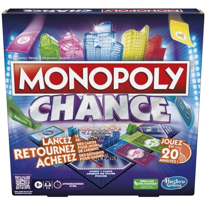 Monopoly Chance, jeu de plateau Monopoly rapide pour la famille, pour 2 à 4 joueurs, environ 20 min.