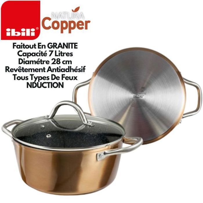 IBILI - Casserole Nature à revêtement en cuivre avec couvercle en verre, 28 cm, Antiadhésif style pierre, Compatible induction