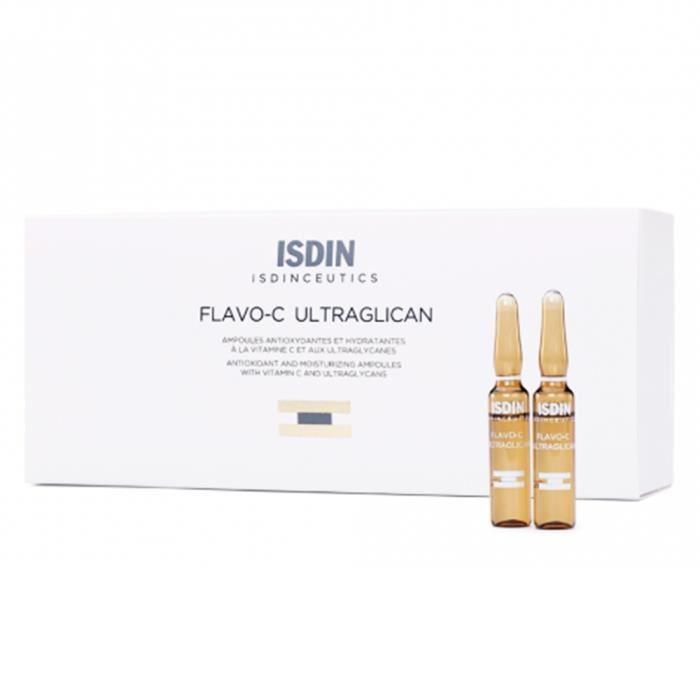 Ampoules Antioxydantes - ISDIN - Flavo-C Ultraglican - 30 unidoses de 2ml - Hydratation - Éclat de la peau