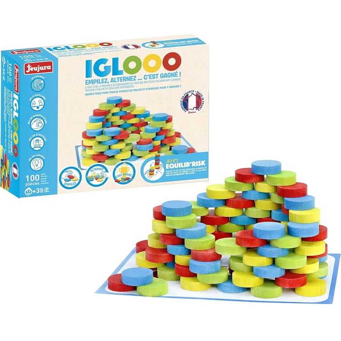 Iglooo 100 Pièces - JEUJURA - Jeu d'Adresse et de Logique avec Palets et Tapis, Règles des Jeux Incluses