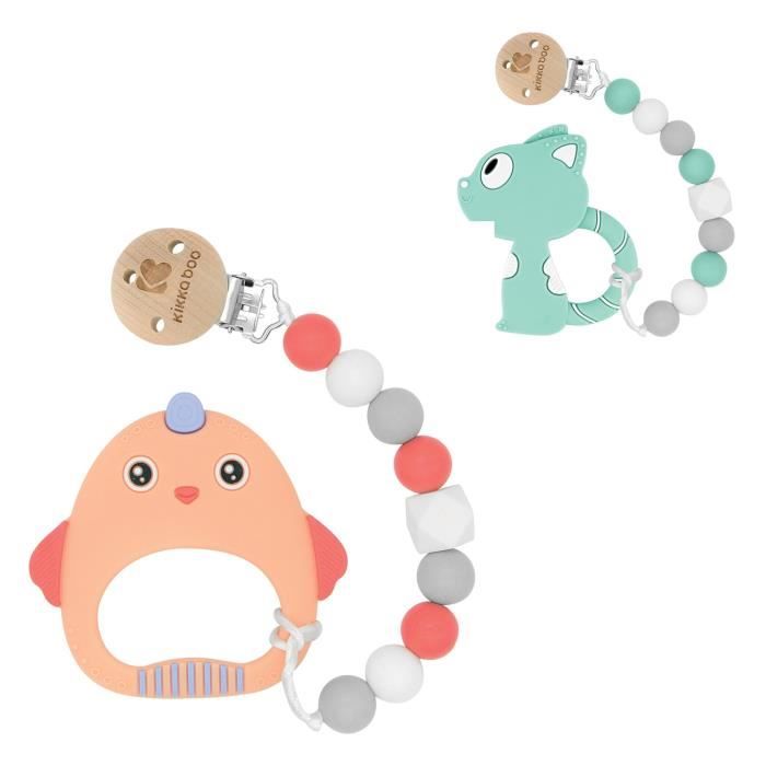 Kikkaboo Chaîne pour tétines anneau de dentition en silicone clip en bois perles [Orange]