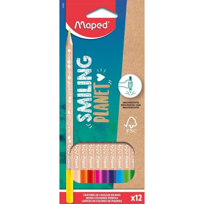 Crayons de Couleur - Maped - Smiling Planet - Bois Naturel FSC - 12 Crayons - Mine Résistante