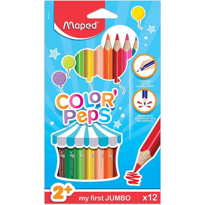 Maped - 12 Crayons de Couleur Jumbo Color'Peps pour Enfants Certifiés FSC - Premiers Crayons de Coloriage pour Bébé +2 ans