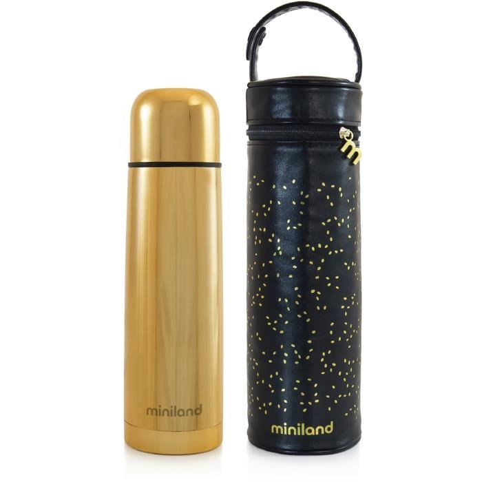 MINILAND - Deluxe thermos gold exclusif pour liquides de 500ml avec effet chromé et sac isotherme prémium, un pack de luxe