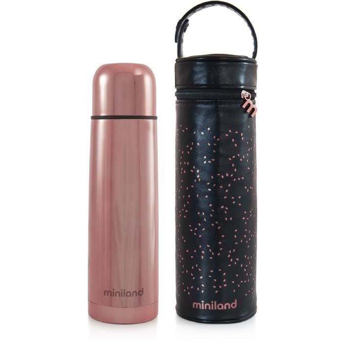MINILAND - Deluxe thermos rose exclusif pour liquides de 500ml avec effet chromé et sac isotherme prémium, un pack de luxe