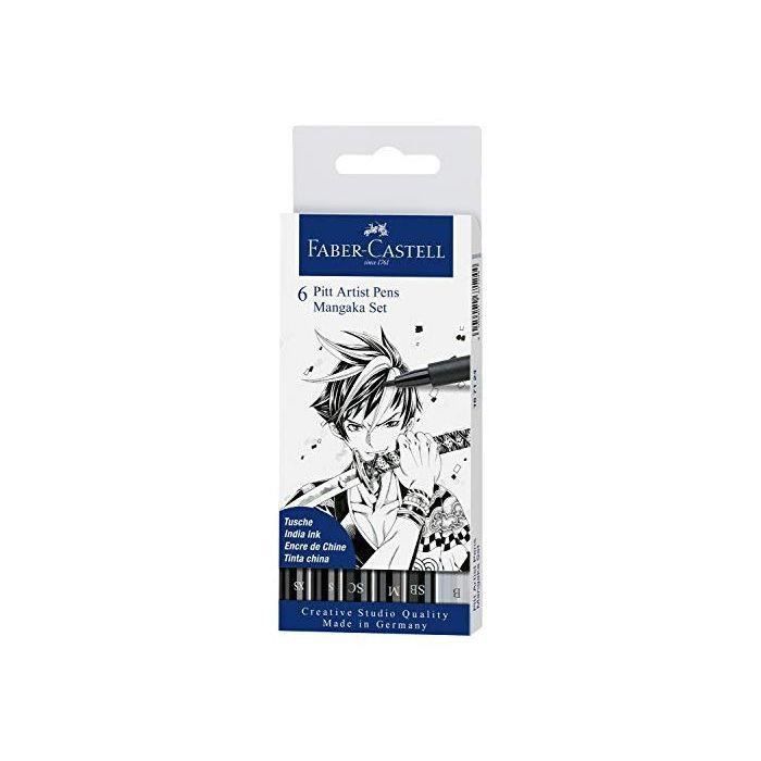 Faber-Castell 167124 - Feutre Pitt Artist Pen, Boîte de 6, Mangaka Noir
