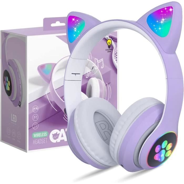 Casque Sans Fil Bluetooth - Enfants - Oreilles de Chat - LED Multicolore - Étanche - Pliable