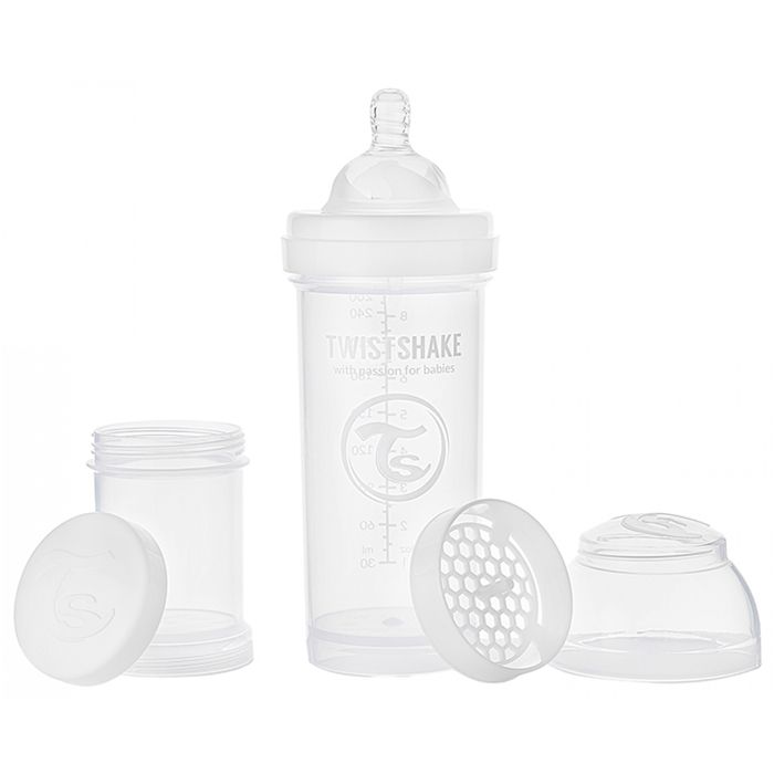 Twistshake Biberon anti-colique avec récipient à lait en poudre et mélangeur - 260 ml - Biberon sans BPA - 2+ mois - Blanc