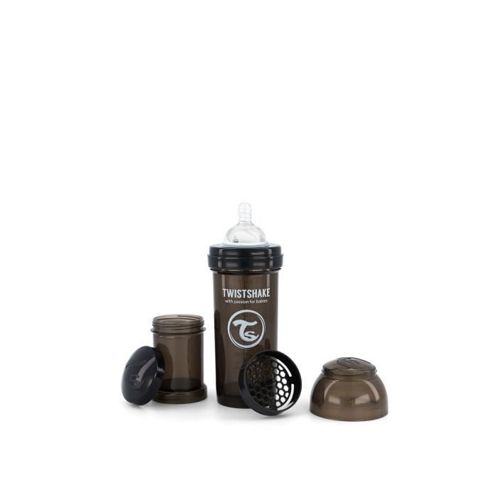 Twistshake Biberon anti-colique avec récipient à lait en poudre et mélangeur - 260 ml - Biberon sans BPA - 2+ mois - Noir