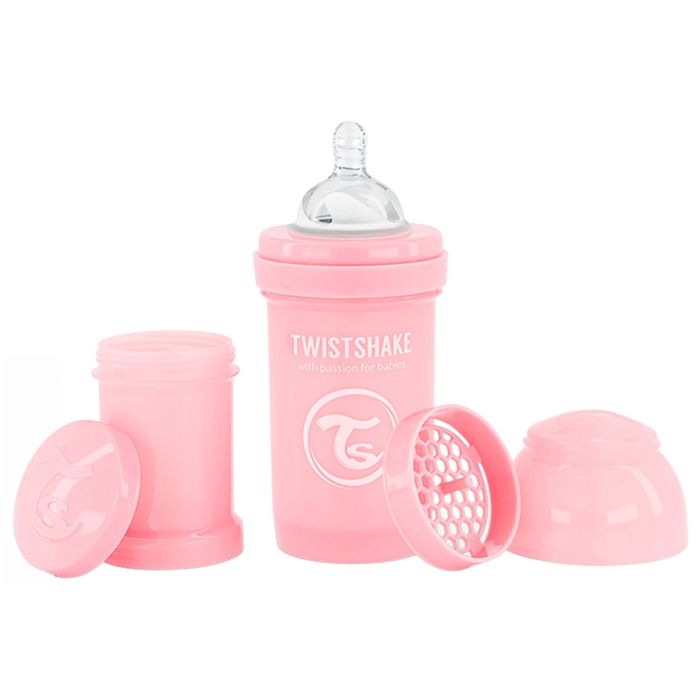 Twistshake Biberon anti-colique avec récipient à lait en poudre et mélangeur - 180 ml - Biberon sans BPA - 0+ mois - Rose