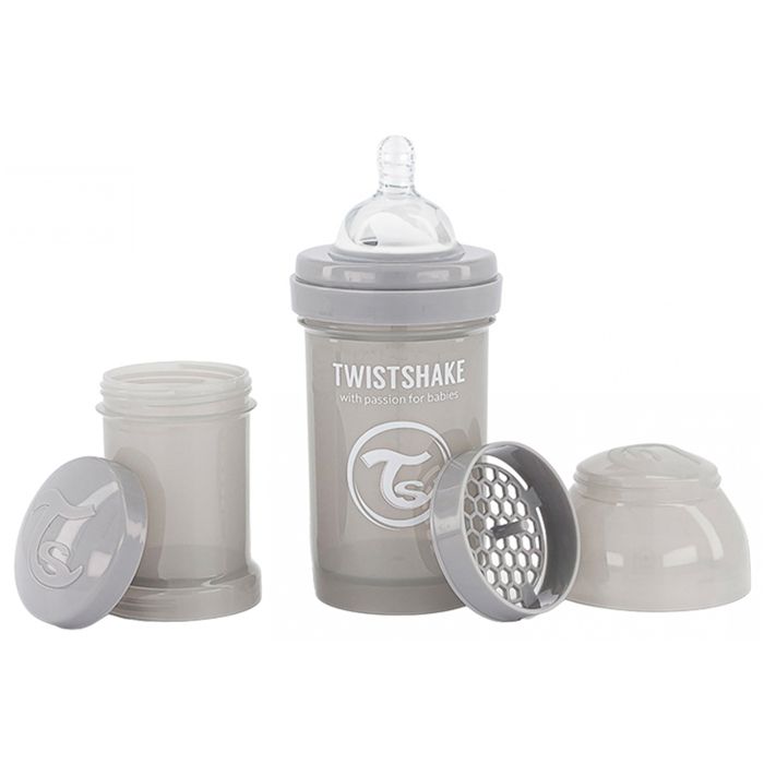 Twistshake Biberon anti-colique avec récipient à lait en poudre et mélangeur - 180 ml - Biberon sans BPA - 0+ mois - Gris