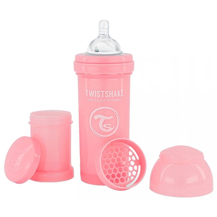 Twistshake Biberon anti-colique avec récipient à lait en poudre et mélangeur - 260 ml - Biberon sans BPA - 2+ mois - Rose