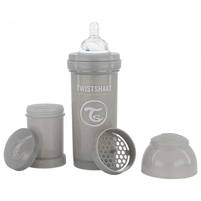 Twistshake Biberon anti-colique avec récipient à lait en poudre et mélangeur - 260 ml - Biberon sans BPA - 2+ mois - Gris