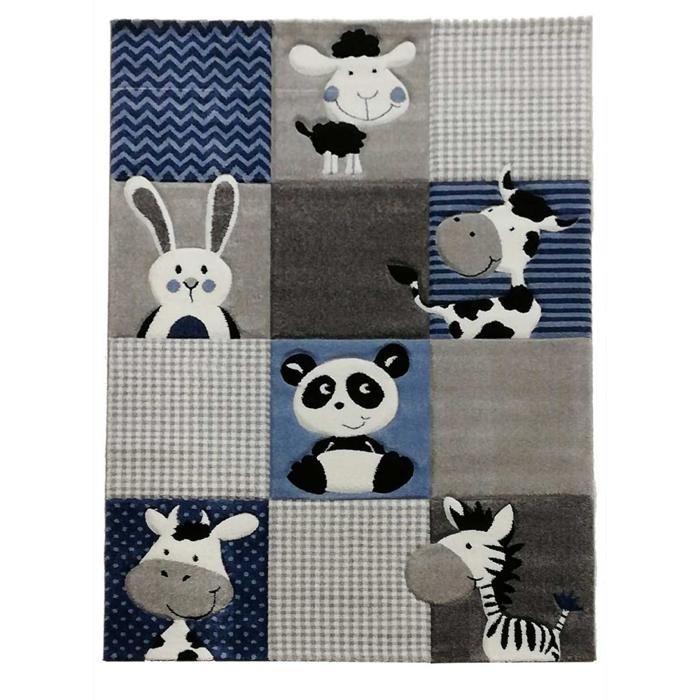 Tapis enfant 80x150 rectangle tissé bleu et gris motif animaux ZOO