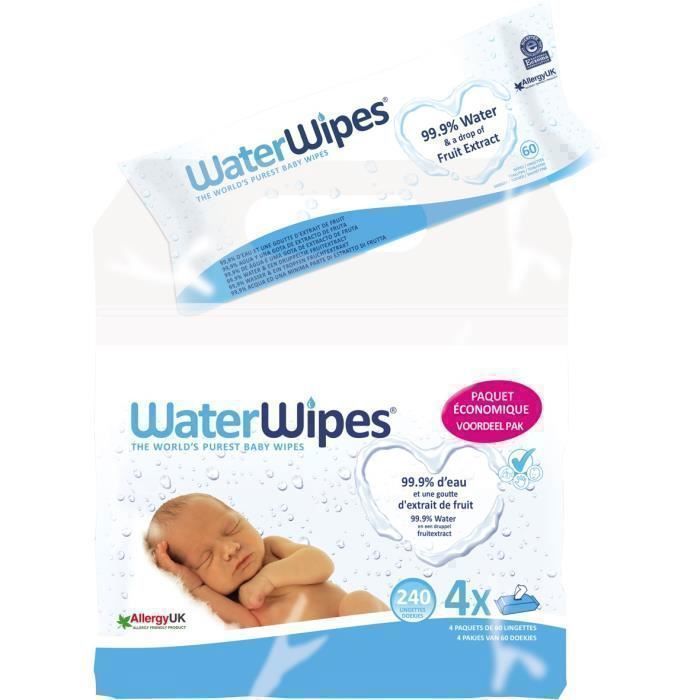 Lingettes pour bébé - Waterwipes - Lot de 4 - 99.9% d'eau purifiée - Hypoallergénique - 60 unités