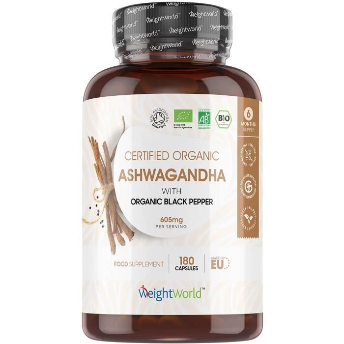 Ashwagandha Bio Vegan - 180 Gélules x 600mg Hautement Dosées- Vegan, Sans Gluten